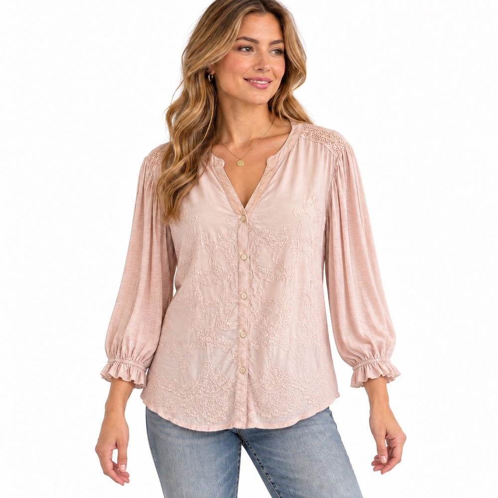 Democracy Womens XL Light Pink Embroidered Boho Button Front Top Cottagecore